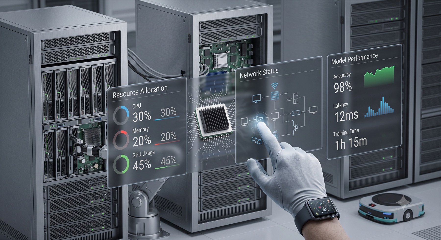 AI infrastructure dashboard showing resource allocation, network status and model performance in a server room