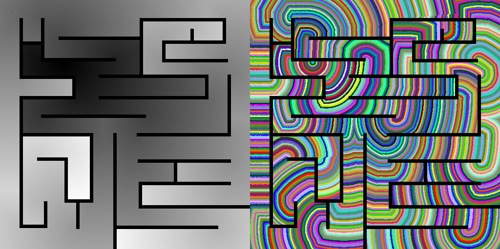 Geodesic distance transform applied to a maze image, showing the resulting distance field