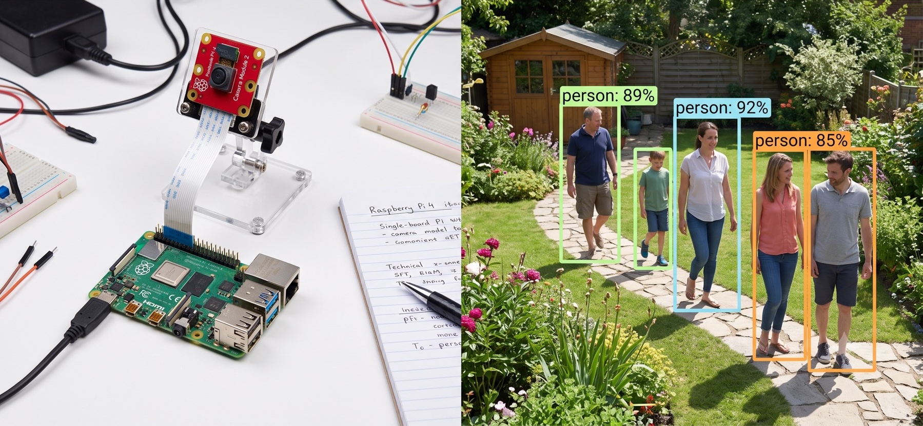 Raspberry Pi video surveillance setup and object detection identifying people in a garden