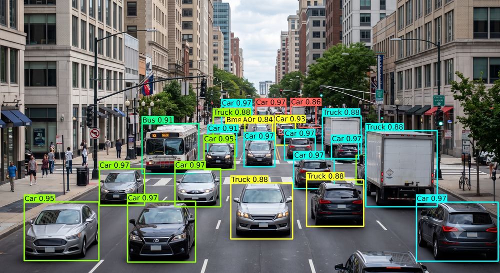Object detection on street traffic identifying cars, trucks and buses with bounding boxes